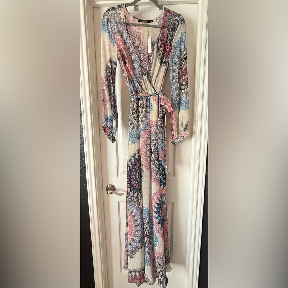 💖NWT Ark & Co Pastel Paisley Wrap Maxi Dress - Pink Blue Cream Black Size Small!